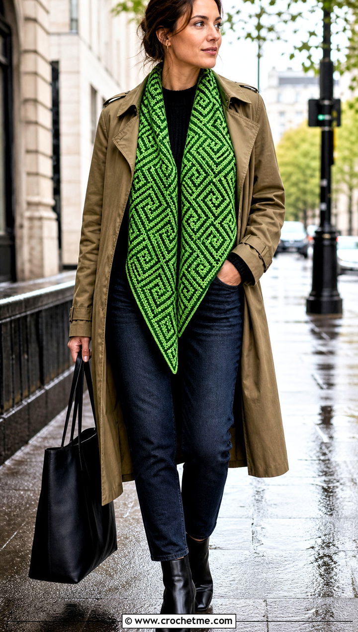 Celtic Maze Crochet Shawl With Trench Coat And Dark Denim - 25 Celtic Crochet Shawl outfit ideas