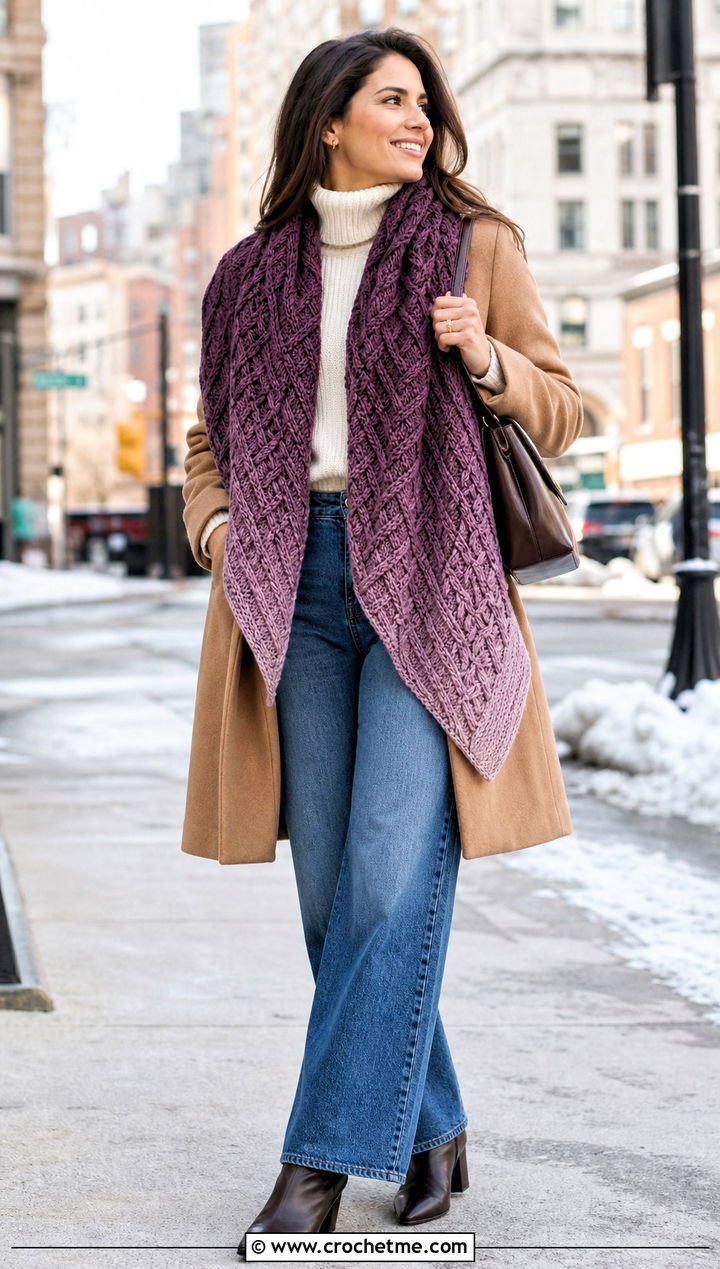 Celtic Ombre Cable Crochet Shawl With Coat And Wide Leg Jeans - 25 Celtic Crochet Shawl outfit ideas