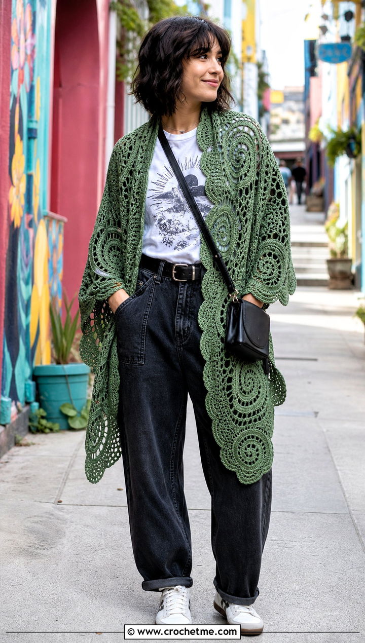 Celtic Spiral Crochet Shawl With Graphic Tee And Barrel Jeans - 25 Celtic Crochet Shawl outfit ideas