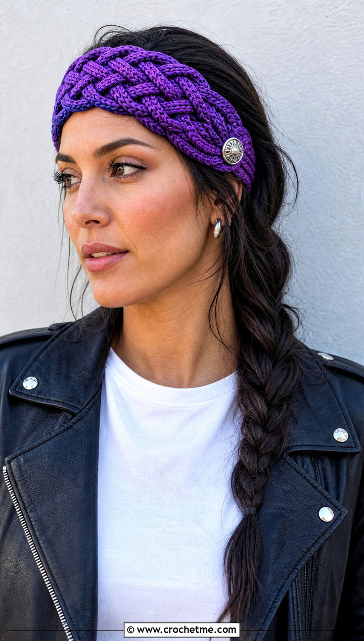 Celtic Weave Button Headband With Leather Jacket - 15 Crochet Headband With Button outfit ideas