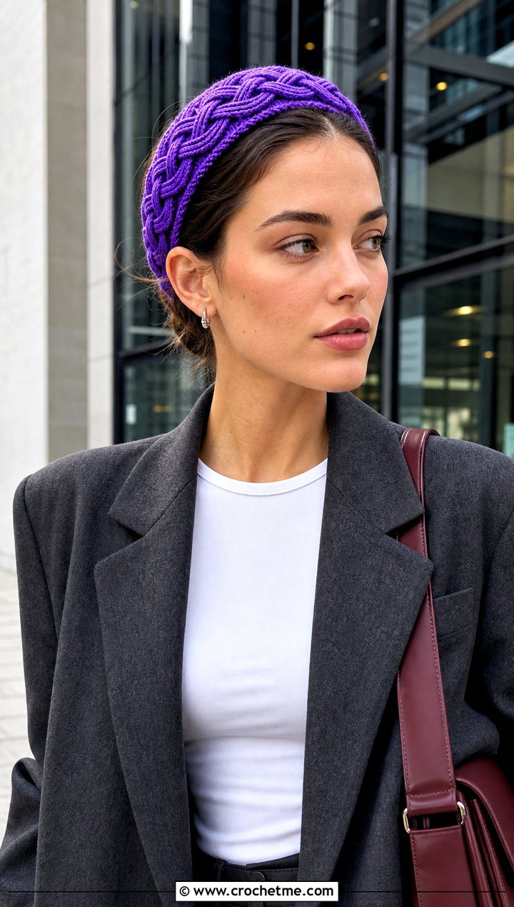 Celtic Weave Cable Headband With Blazer - 25 crochet cable headband outfit ideas