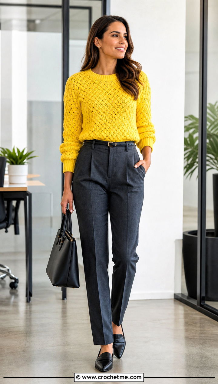 Celtic Weave Crewneck Crochet Sweater With Tailored Trousers - 15 Crochet Celtic Sweater outfit ideas