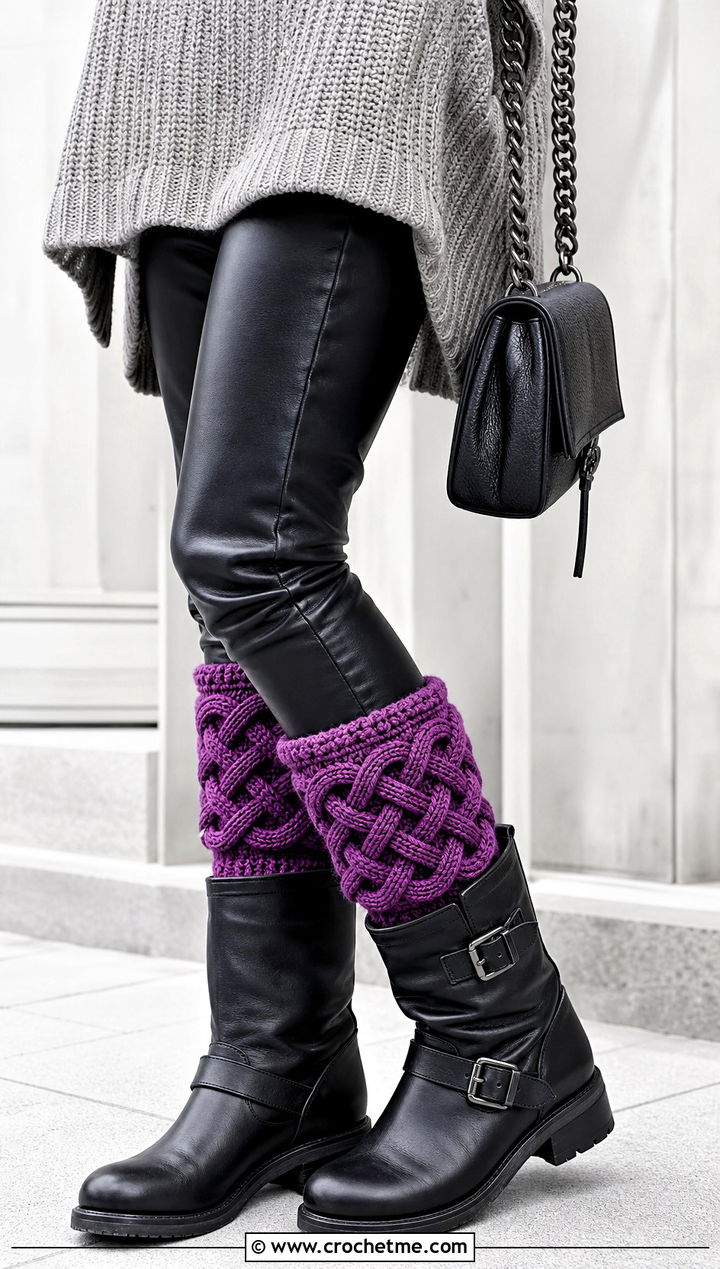 Celtic Weave Crochet Boot Cuffs With Leather Pants and Moto Boots - 30 crochet boot cuff outfit ideas