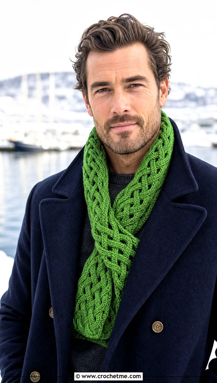 Celtic Weave Crochet Scarf With Peacoat - 15 crochet stitch for mens scarf outfit ideas