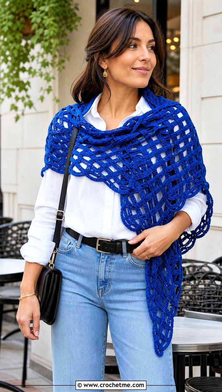 Celtic Weave Filet Crochet Shawl With White Shirt And Jeans - 25 Celtic Crochet Shawl outfit ideas