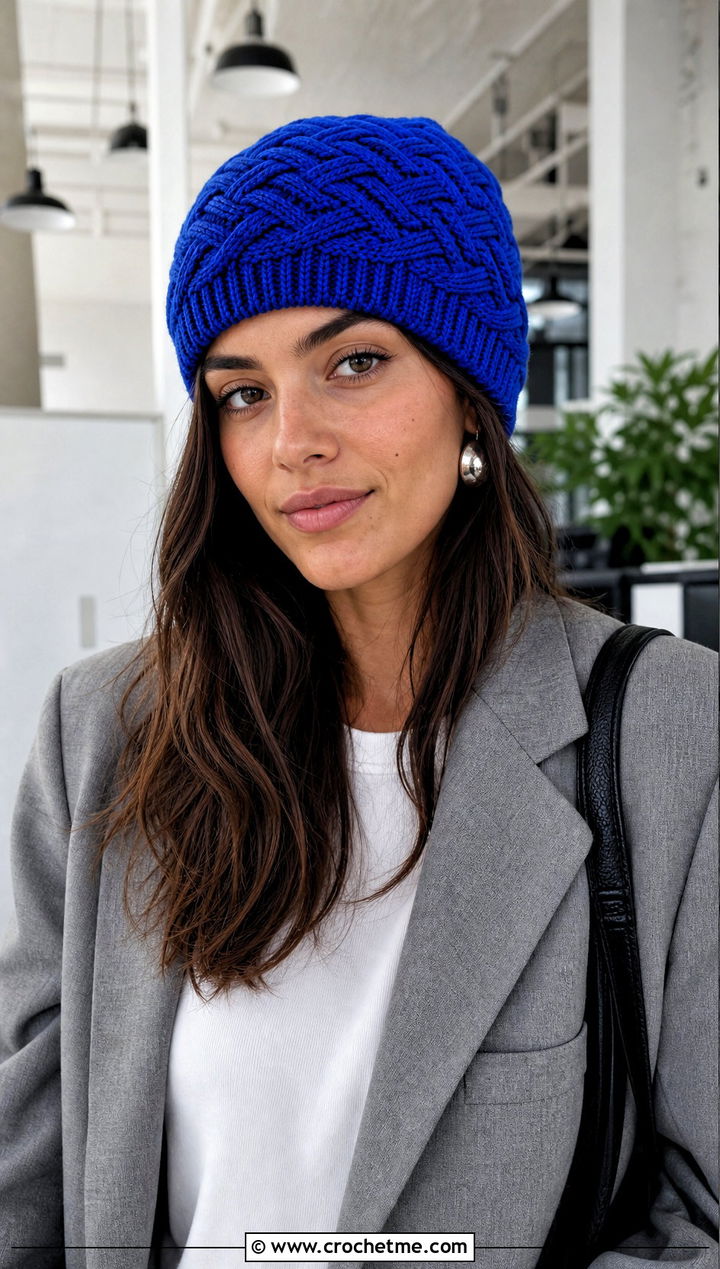 Celtic Weave Fitted Beanie With Blazer And Trousers - 15 celtic crochet hat outfit ideas