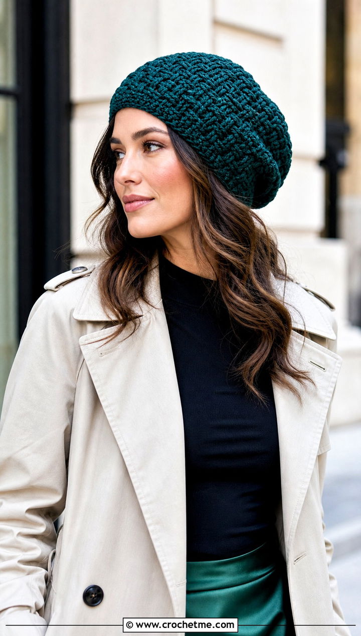 Celtic Weave Mini Slouch With Trench Coat And Slip Skirt - 15 celtic crochet hat outfit ideas