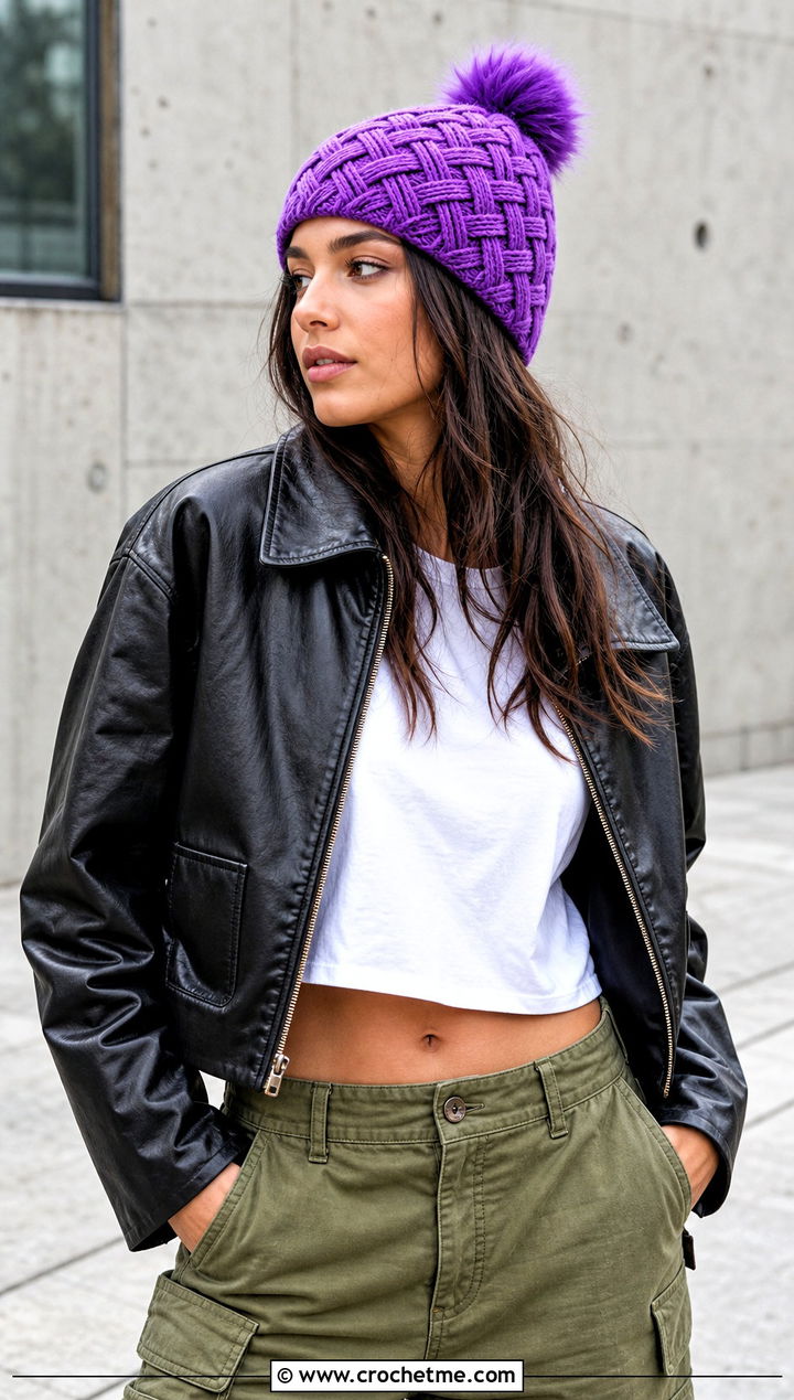 Celtic Weave Pom Pom Beanie With Leather Jacket And Cargo Pants - 15 celtic crochet hat outfit ideas