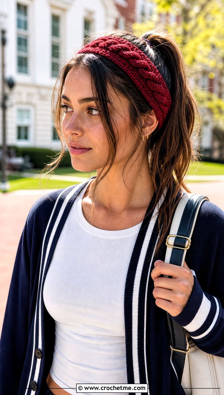 Center Cable Headband With Varsity Cardigan - 15 cable crochet headband outfit ideas