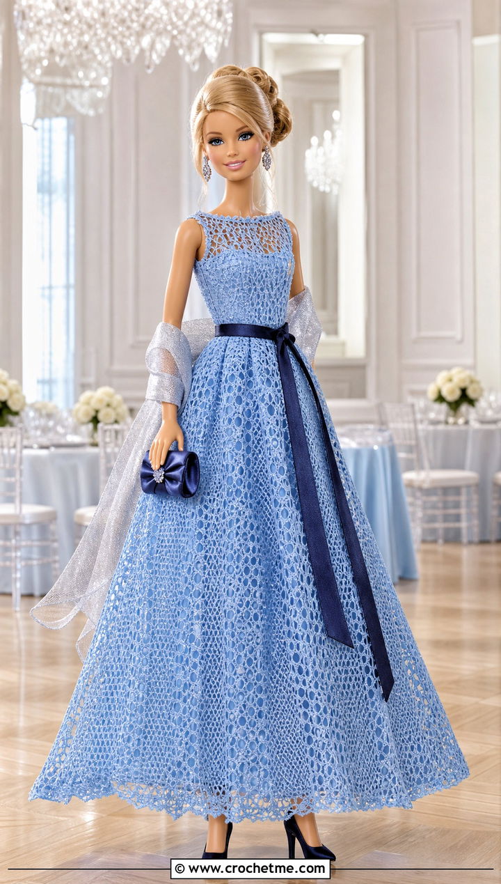 Cerulean Lace Mesh Crochet Barbie Ball Gown - 30 crochet barbie ball gowns outfit ideas