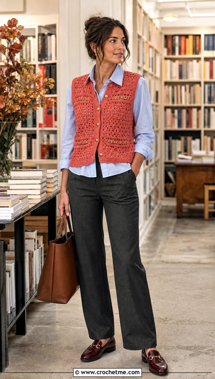 Chain Detail Crochet Vest With Oxford Shirt - 30 crochet top with chains outfit ideas