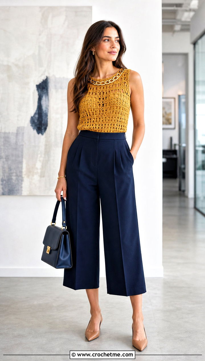 Chain Embellished Crochet Shell With Culottes - 30 crochet top with chains outfit ideas