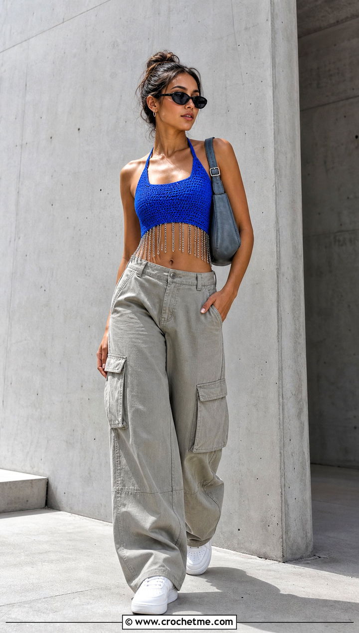 Chain Fringe Crochet Crop Top With Cargo Pants - 30 crochet top with chains outfit ideas