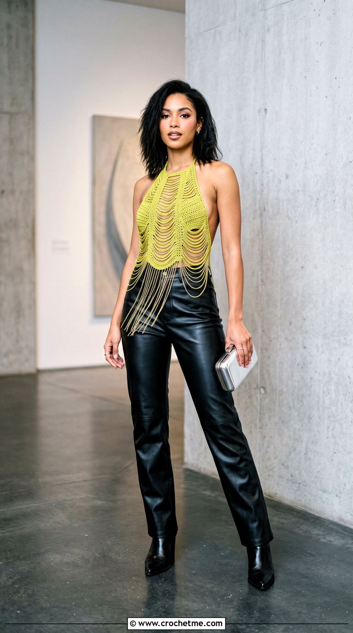 Chain Fringe Crochet Halter Top With Leather Pants - 20 Crochet Top With Chain outfit ideas