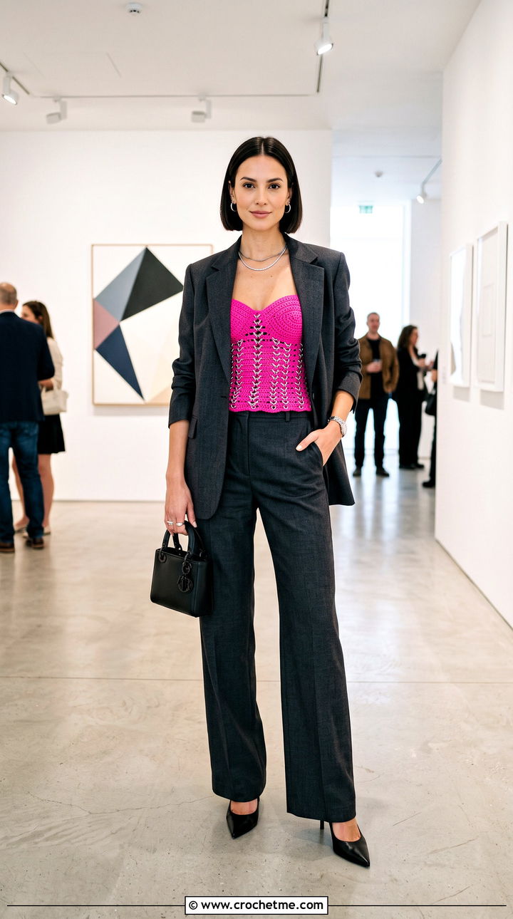 Chain Link Crochet Bustier With Tailored Suit - 30 crochet top with chains outfit ideas