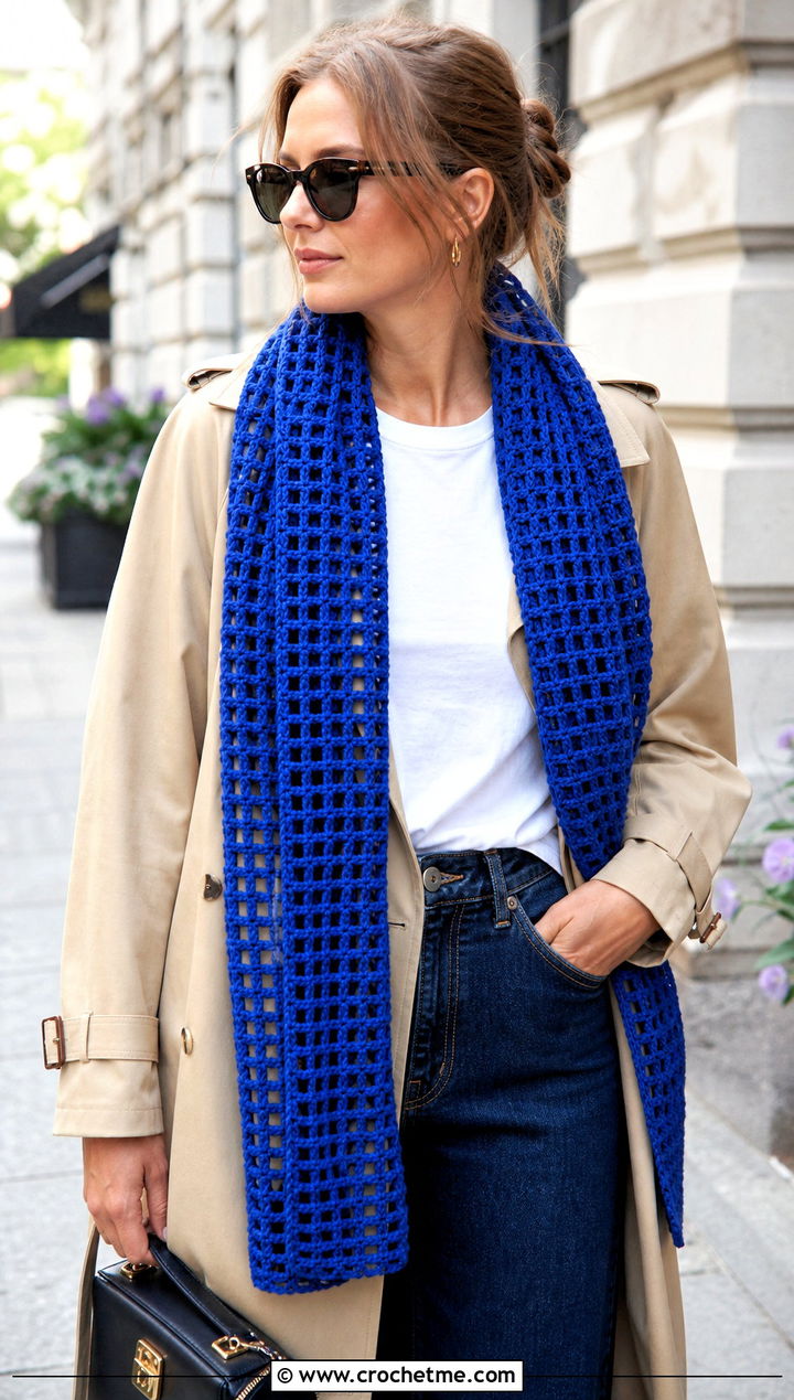 Chain Mesh Openwork Crochet Scarf With Trench Coat - 15 openwork crochet scarf outfit ideas