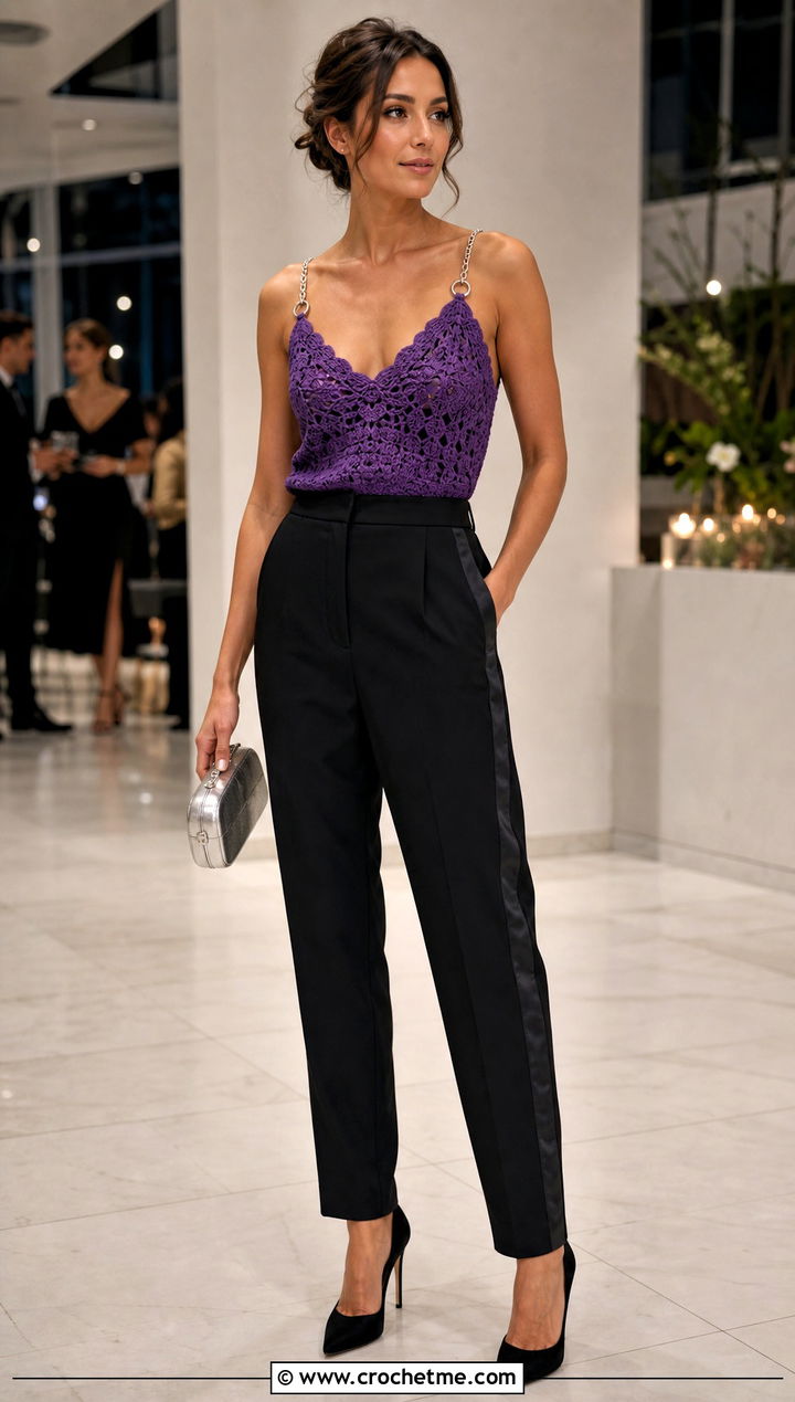 Chain Shoulder Crochet Camisole With Tuxedo Pants - 30 crochet top with chains outfit ideas