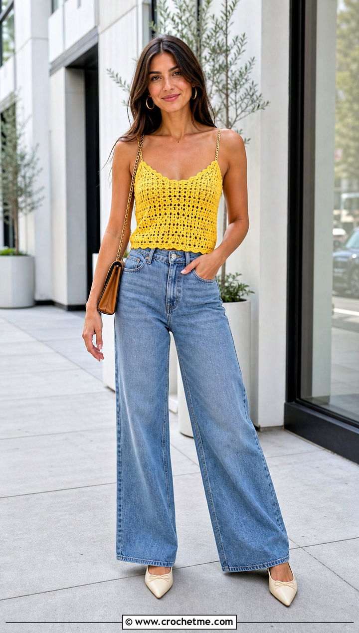 Chain Strap Crochet Cami With Wide Leg Jeans - 30 crochet top with chains outfit ideas