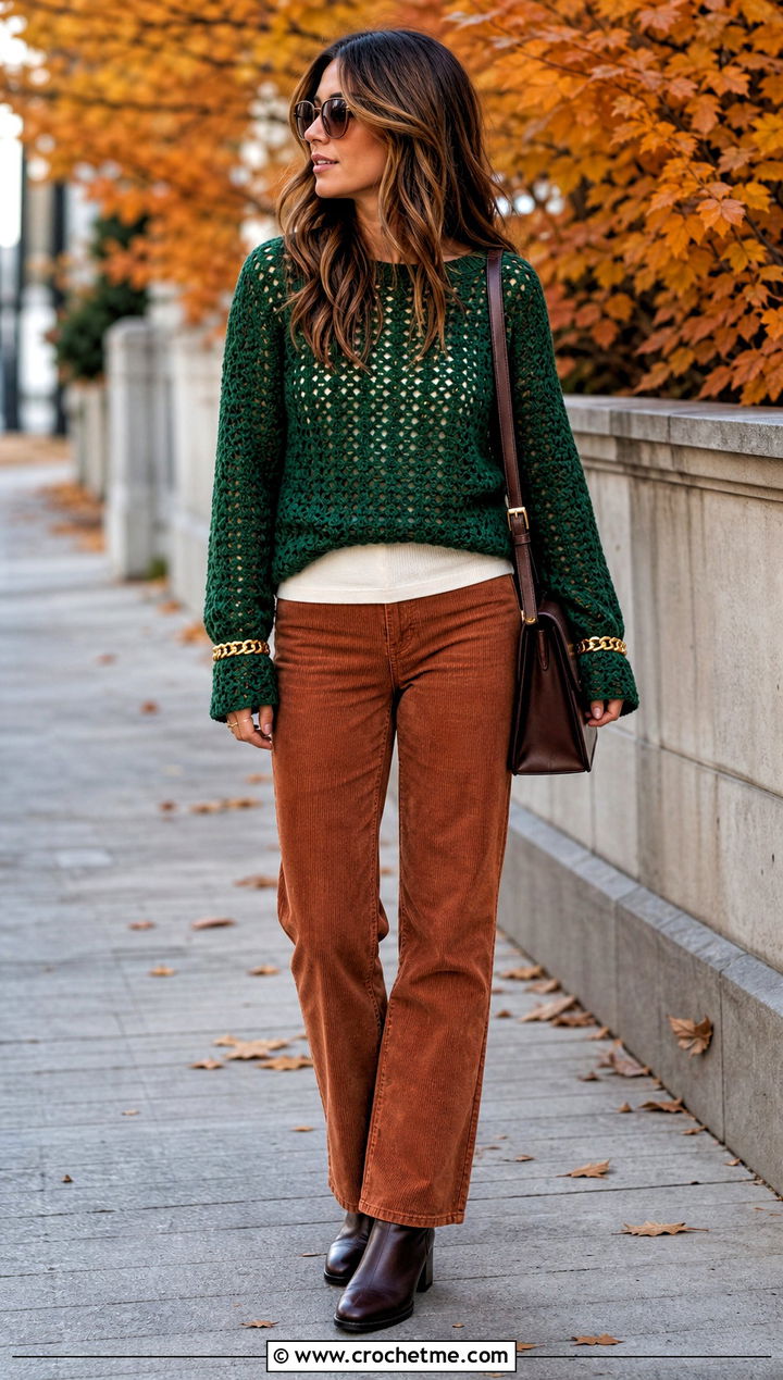 Chain Trim Crochet Long Sleeve Top With Corduroy Pants - 30 crochet top with chains outfit ideas