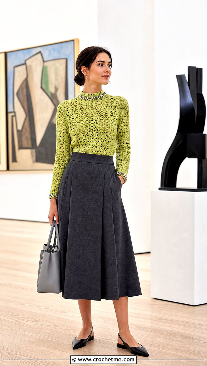 Chain Trim Crochet Mock Neck Top With Midi Skirt - 30 crochet top with chains outfit ideas