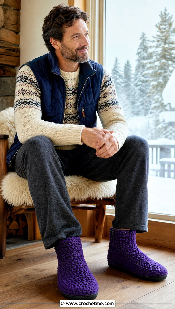 Chalet Sock Crochet Mens Slippers With a Fair Isle Sweater - 30 crochet men's slippers outfit ideas