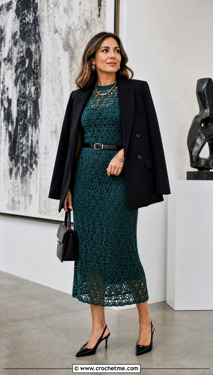 Chanel Mesh Crochet Midi Dress With Blazer - 25 chanel crochet dress outfit ideas