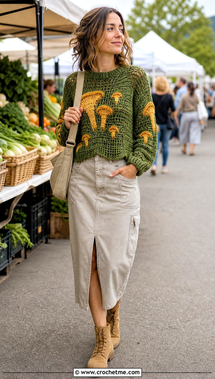 Chanterelle Mushroom Crochet Sweater With Utility Skirt - 25 mushroom crochet sweater outfit ideas