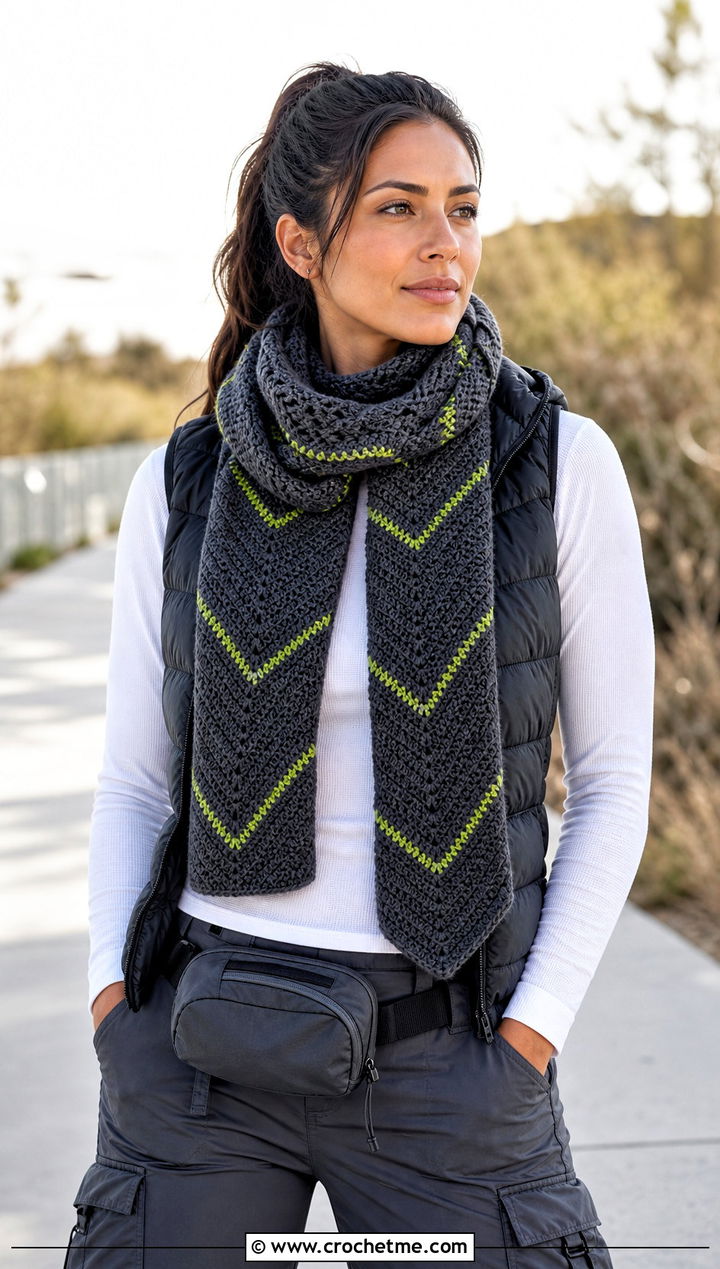 Charcoal Chevron Crochet Scarf With Puffer Vest - 15 neutral tone crochet scarf outfit ideas