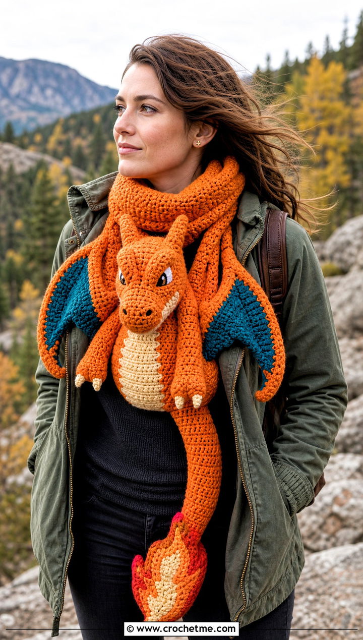 Charizard Dragon Scarf With Utility Jacket - 25 Crochet Pokemon Scarf outfit ideas