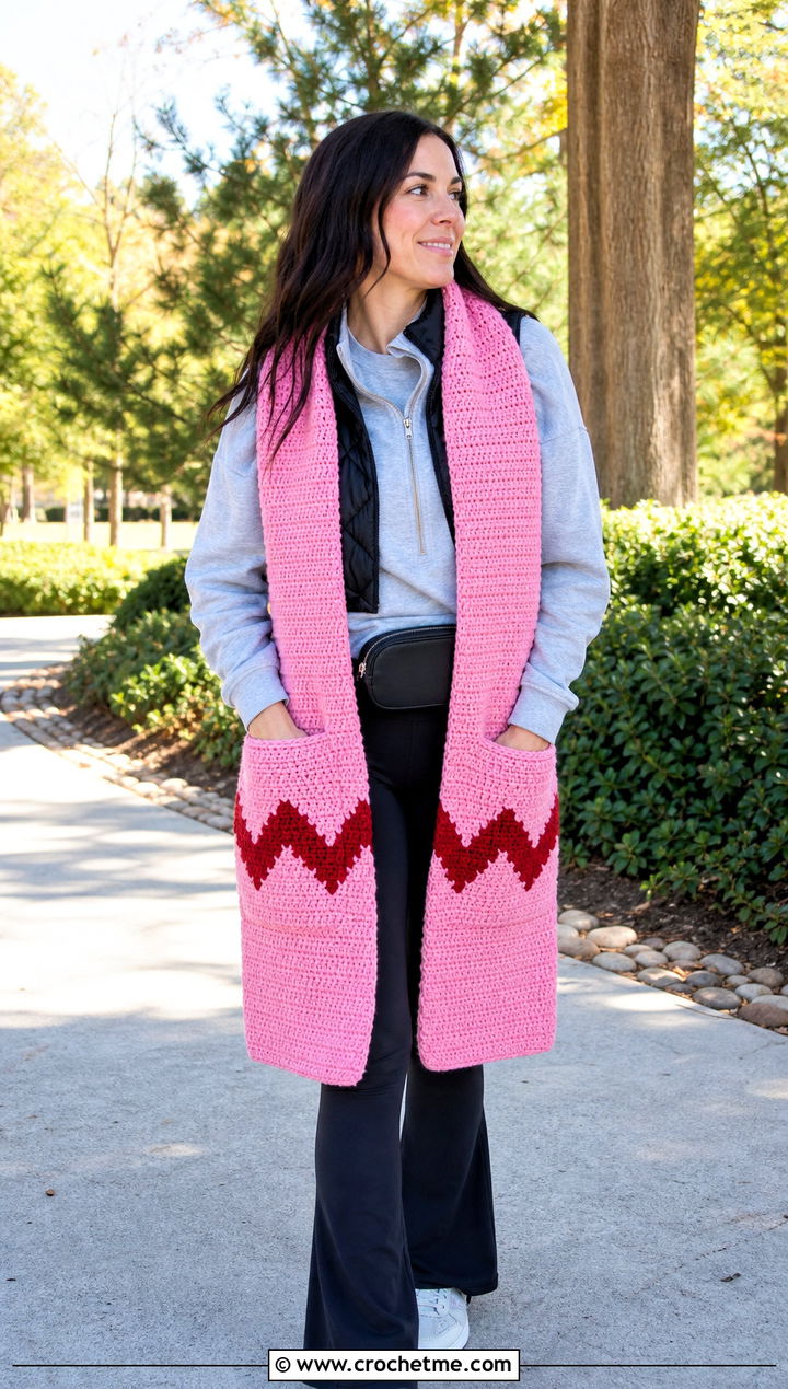 Charlie Brown Pocket Scarf With Leggings And Sneakers - 15 Crochet Charlie Brown Scarf outfit ideas