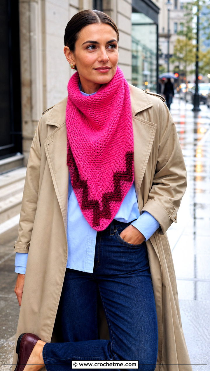 Charlie Brown Triangle Scarf With Trench Coat - 15 Crochet Charlie Brown Scarf outfit ideas