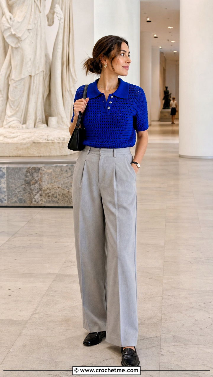Charm Crochet Polo Top With Pleated Trousers - 25 crochet top with charms outfit ideas