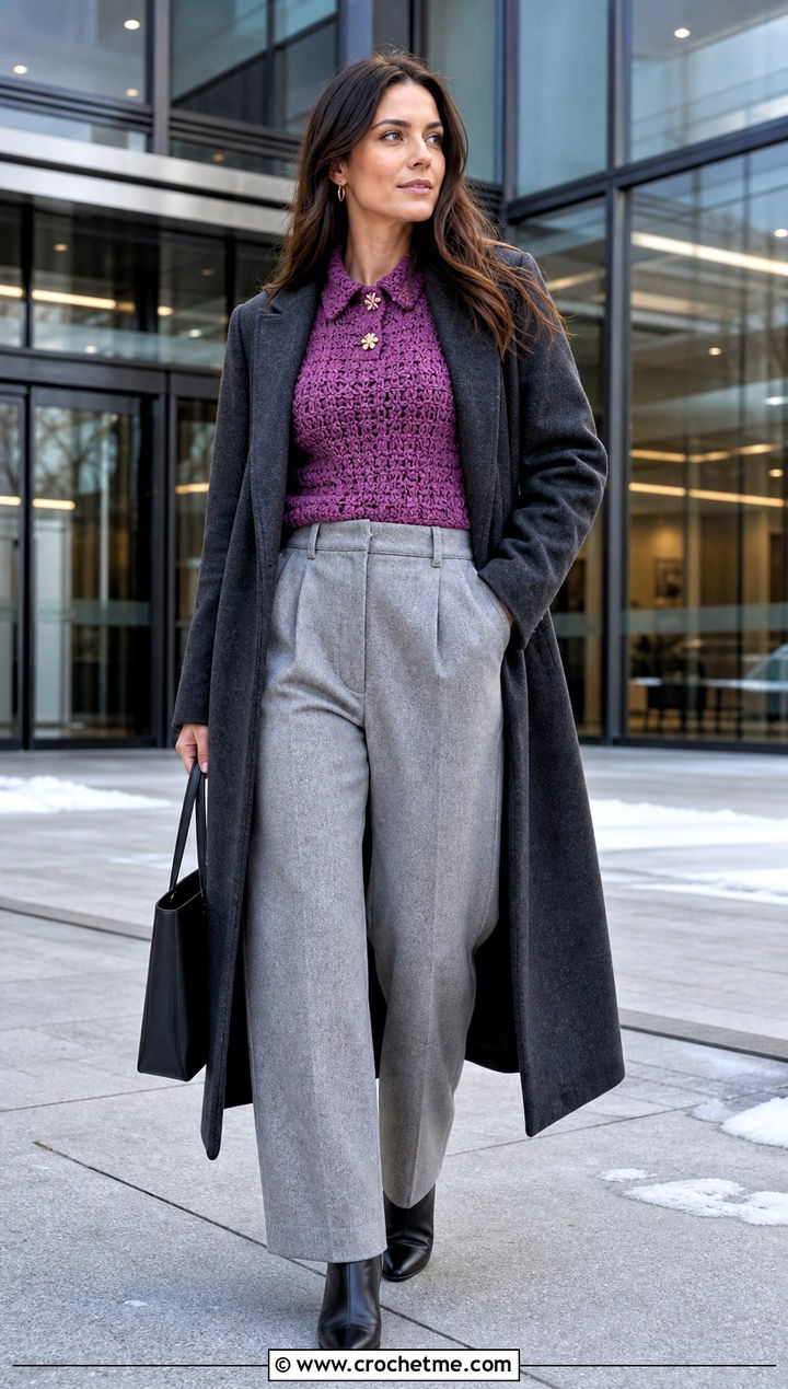 Charm Crochet Sweater Top With Wool Trousers - 25 crochet top with charms outfit ideas