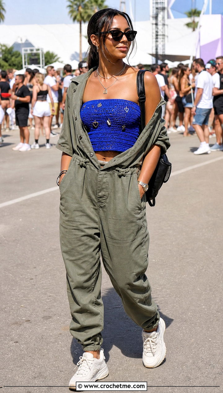 Charm Crochet Tube Top Under A Utility Jumpsuit - 25 crochet top with charms outfit ideas