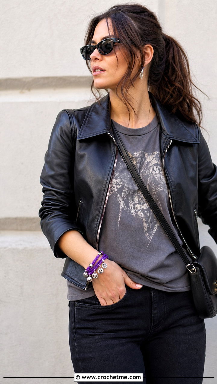 Charm Crochet Wrap Bracelet With Graphic Tee and Leather Jacket - 35 crochet wrap bracelet outfit ideas
