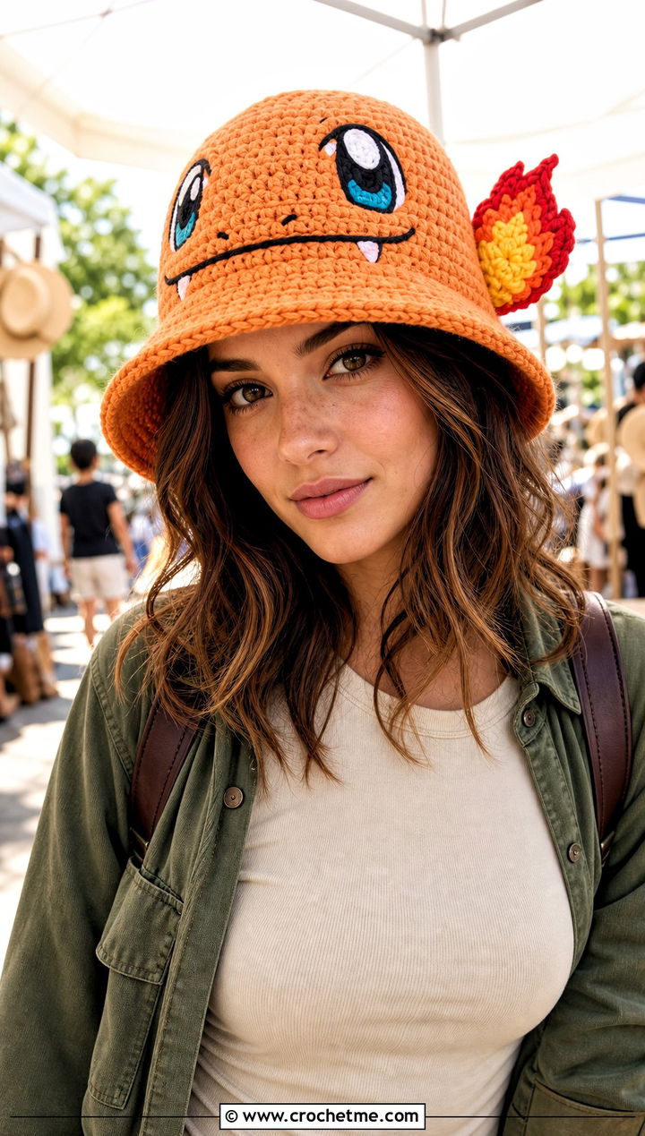Charmander Crochet Pokemon Bucket Hat With Utility Jacket - 15 Crochet Pokemon Bucket Hat outfit ideas