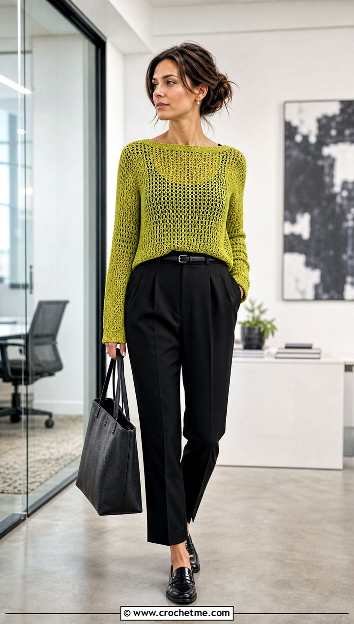 Chartreuse Boat Neck Crochet Sweater With Black Trousers - 35 crochet light sweater outfit ideas
