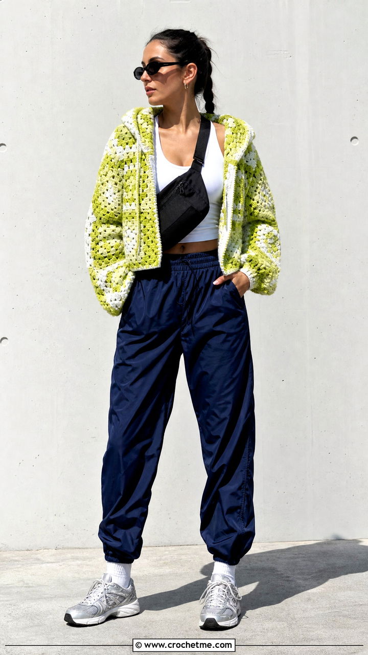 Chartreuse Granny Square Hoodie With Track Pants - 35 granny square hoodie outfit ideas