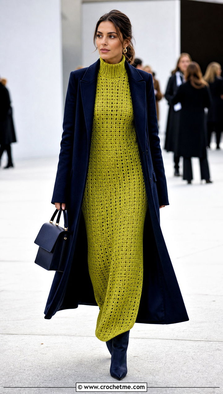 Chartreuse High Neck Crochet Column Dress With Navy Coat - 35 crochet barbie dress outfit ideas