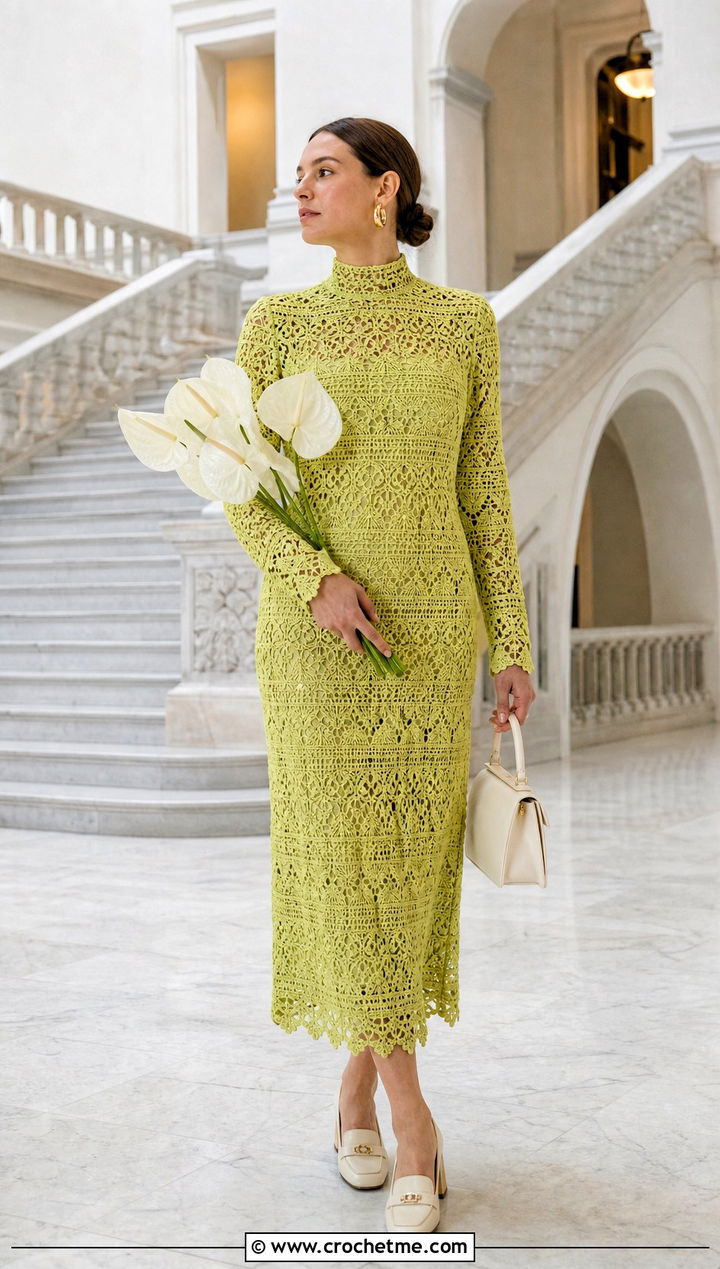 Chartreuse High Neck Long Sleeve Crochet Wedding Dress With Cream Loafers - 15 long sleeve crochet wedding dress outfit ideas