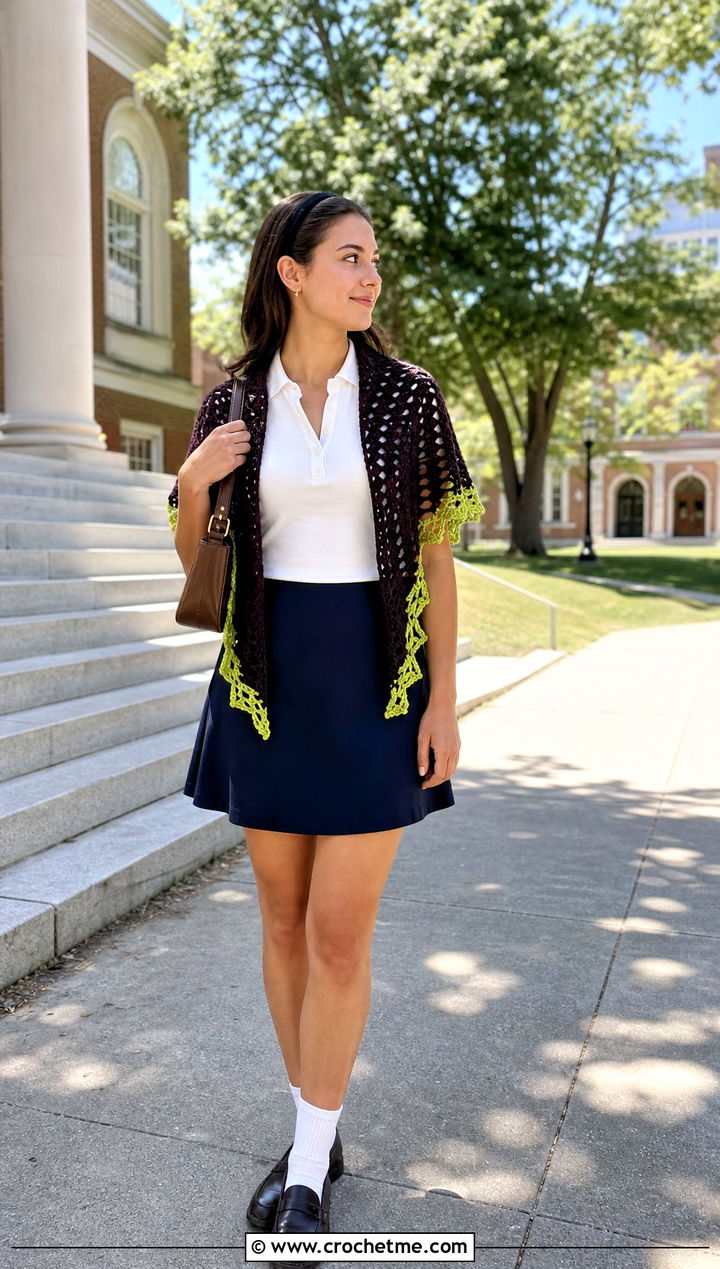 Chartreuse Lost Souls Shawl With Navy Preppy Outfit - 35 crochet lost souls shawl outfit ideas