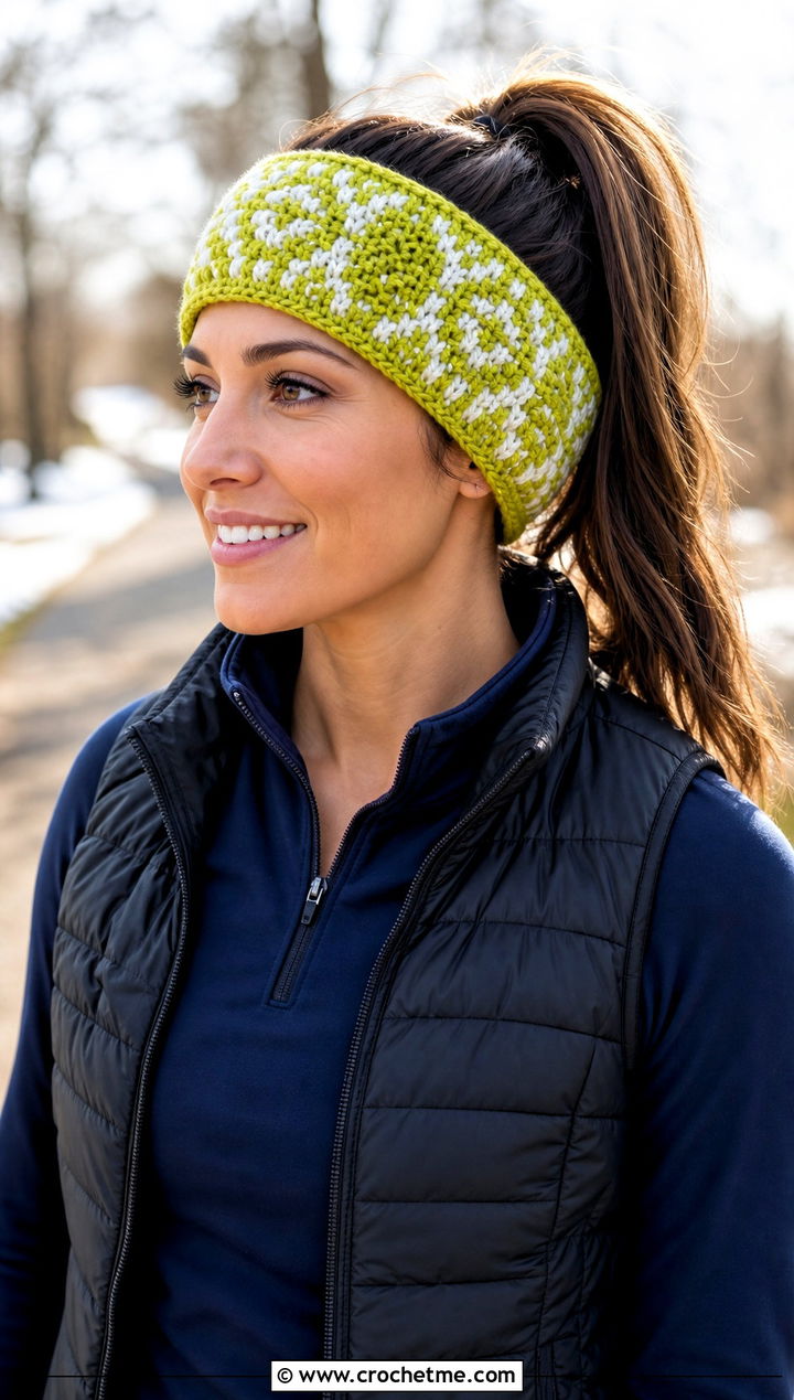 Chartreuse Mosaic Crochet Winter Wonderland Headband With Sporty Tracksuit - 15 Mosaic Crochet Winter Wonderland Headband outfit ideas