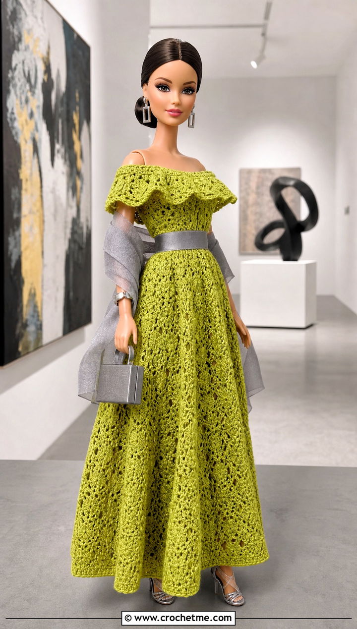 Chartreuse Off Shoulder Crochet Barbie Ball Gown - 30 crochet barbie ball gowns outfit ideas