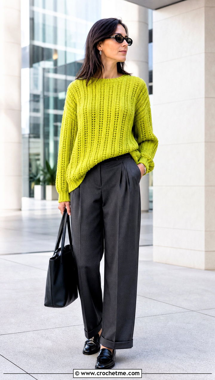 Chartreuse Ribbed Crochet Jumper With Pleated Trousers - 30 green crochet jumper outfit ideas