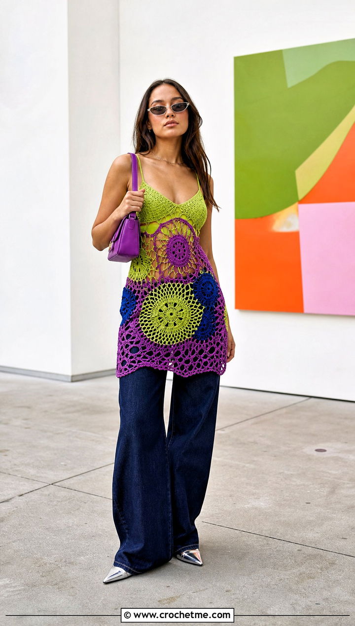 Chartreuse Say So Crochet Dress Over Wide Leg Jeans - 15 Doja Cat Say So Crochet Dress outfit ideas