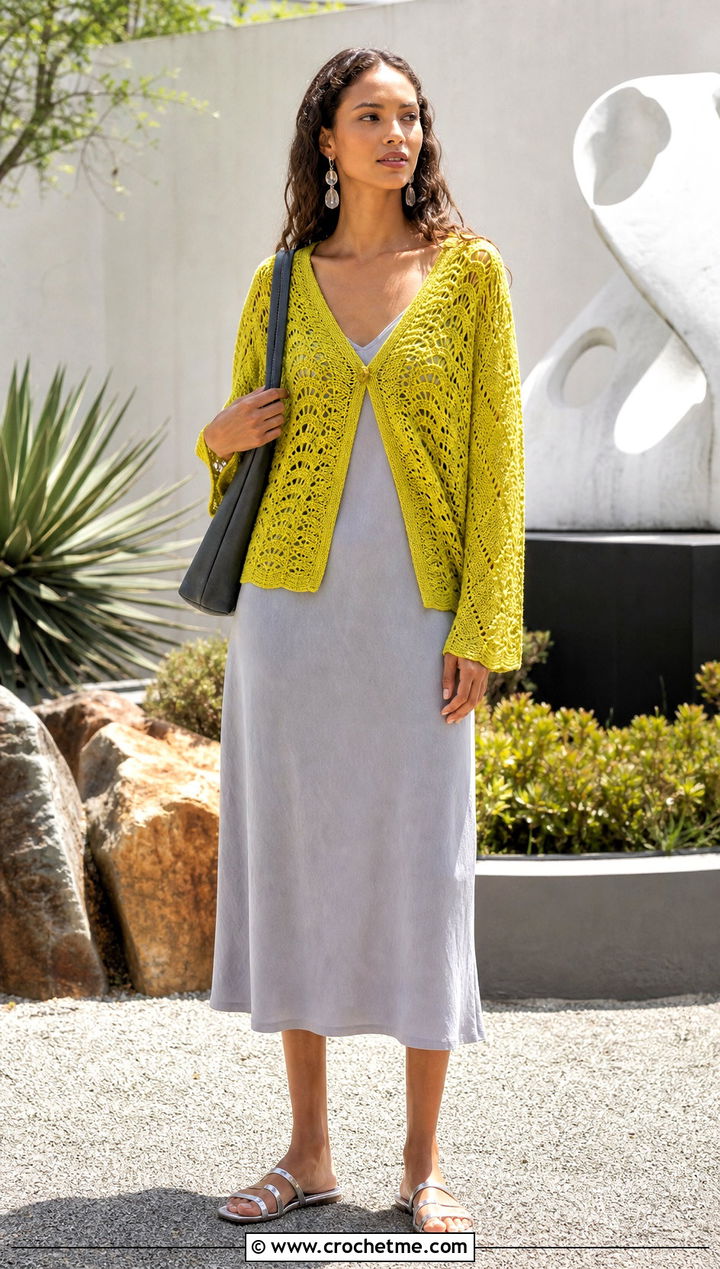 Chartreuse Sunset Crochet Sweater Over A Slip Dress - 20 Sunset Crochet Sweater outfit ideas