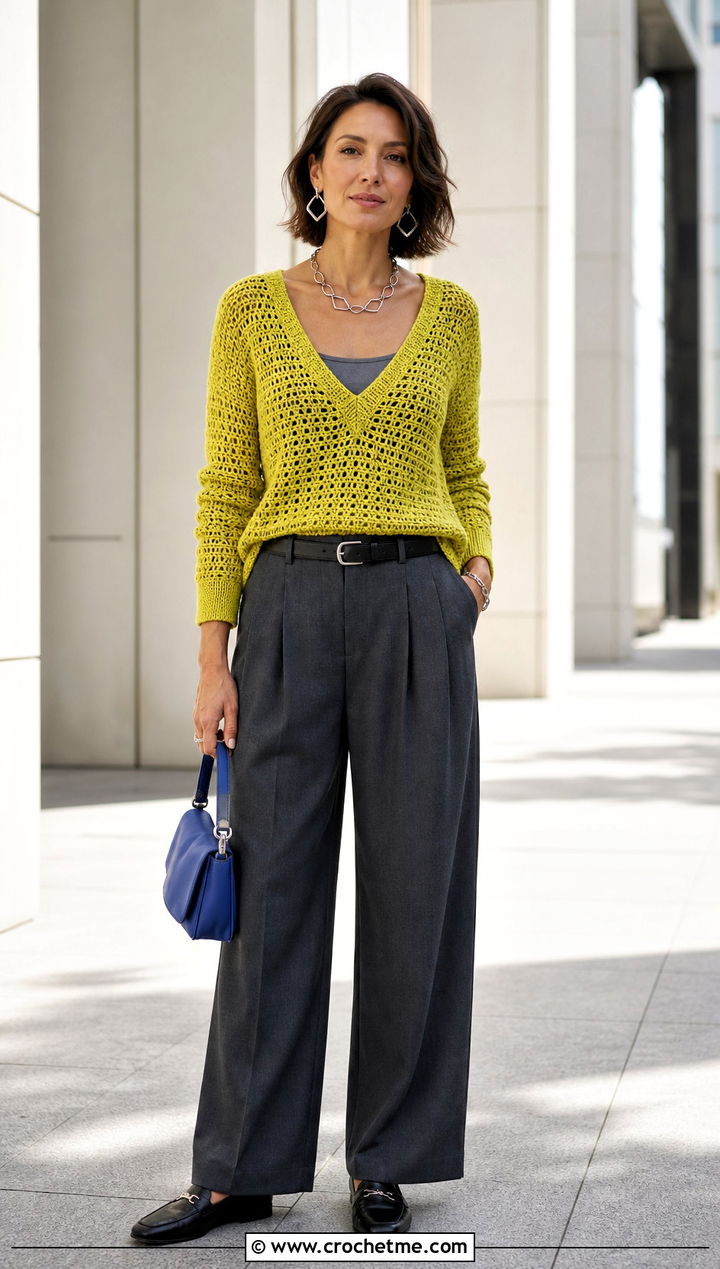 Chartreuse Yellow Crochet V Neck Sweater With Gray Suit Pants - 30 Crochet Yellow Sweater outfit ideas
