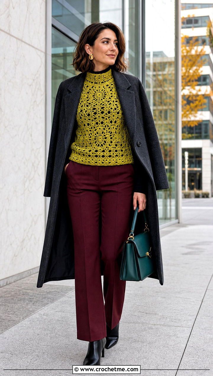 Chartreuse Yellow Mock Neck Lace Crochet Sweater With Wool Trousers - 15 Yellow Lace Crochet Sweater outfit ideas
