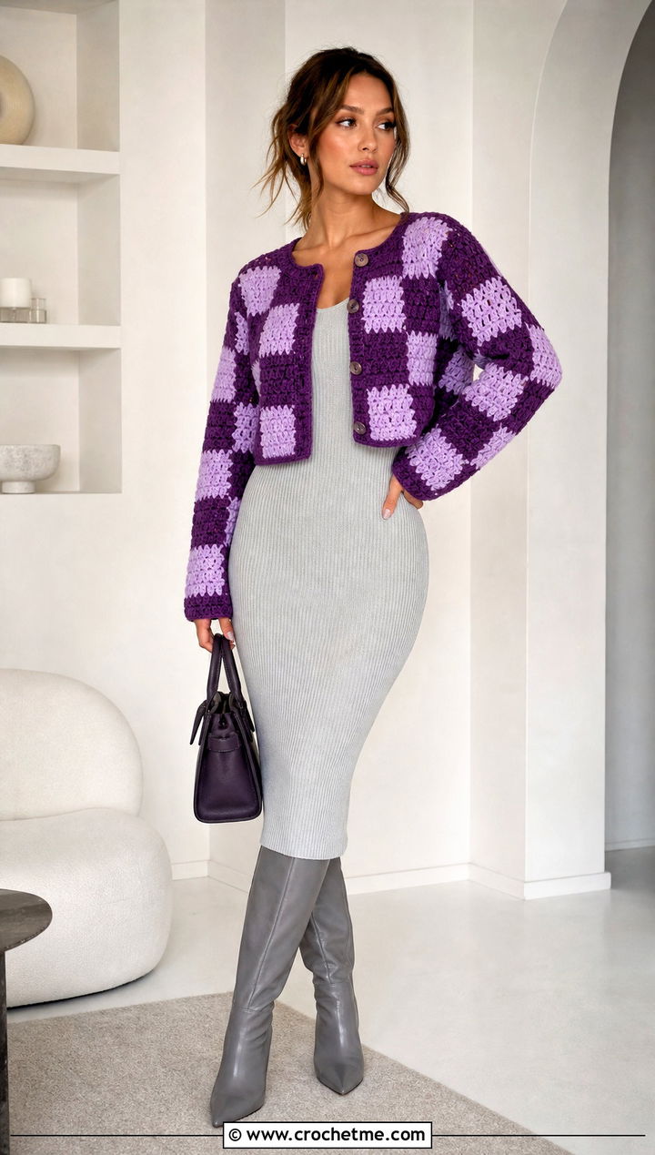 Checker Crochet Cardigan Sweater With Column Dress - 25 Crochet Checker Sweater outfit ideas