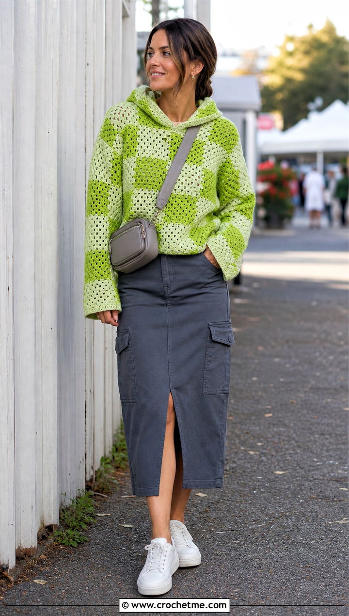 Checker Crochet Hoodie Sweater With Utility Skirt - 25 Crochet Checker Sweater outfit ideas
